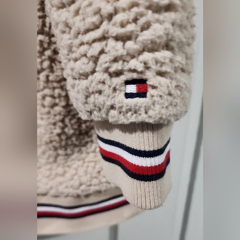 🧸 Tommy Hilfiger Oversized Teddy Sherpa Hoodie Jacket Cream Beige L 🤎 - Picture 4 of 7